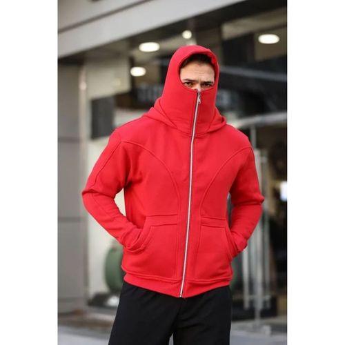 Erkek Maskeli Ninja Model Çift Kapüşonlu 3 İplik Şardonlu Fermuarlı Sweatshirt - Kırmızı