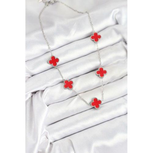 316L Çelik Zincir Gümüş Kırmızı Renk Yonca Kadın Kolye