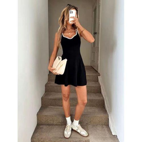 Kadın Askılı Kalp Yakalı şerit Detaylı Dalgıç Kısa Elbise