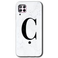 MRCİLETİSİM Huawei P40 Lite Kılıf Baskılı Kapak - Beyaz Mermer Desenli Ç Harfi + 5D Tam Kaplayan Cam