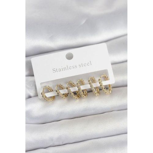 316L Çelik Gold Renk Zirkon Taşlı Halka Model Kadın Küpe Seti