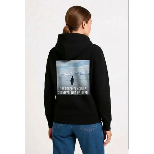 Oversize Hoodie - Sırt Baskılı Survivor Penguin Temalı, Felsefi Yazılı Kapüşonlu Sweatshirt - Siyah