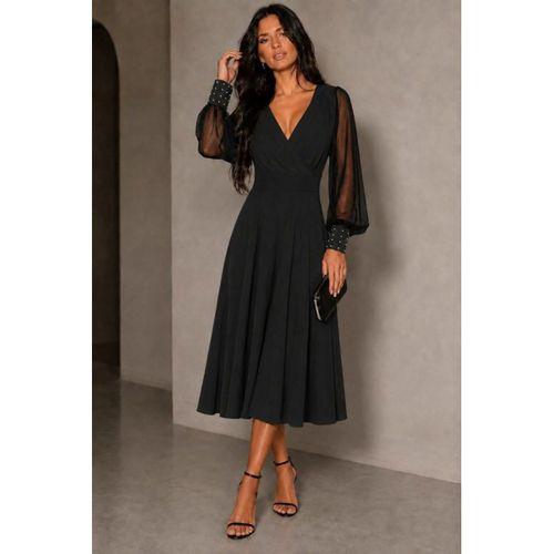 Kadın Uzun Kollu Kruvaze Yakalı Kollar Tül Detaylı Incili Midi Viskon Elbise