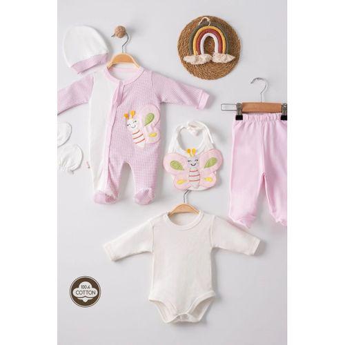 Kelebek Nakışlı Puanlı Tulumlu % 100 Pamuk Kız Bebek 5'li Set