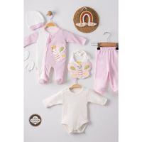 Kelebek Nakışlı Puanlı Tulumlu % 100 Pamuk Kız Bebek 5'li Set