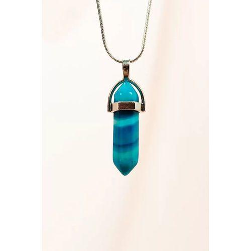 Mavi Akik Doğal Taşı Zincirli El Yapımı Tasarımlı Kolye Uç: 3,5 cm Zincir: 20 cm Kutulu