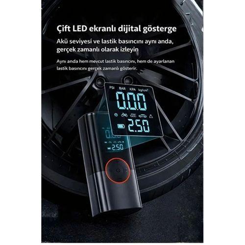 St-9650 Şarjlı 10.000 Mah Taşınabilir Araç Hava Kompresörü Akü Takviyeli Dijital Ekranlı Işıklı Çantalı