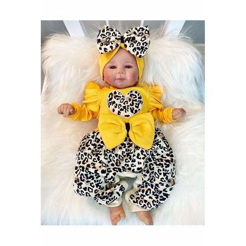 Fiyonklu Leopar Desenli % 100 Pamuk Kız Bebek Takım