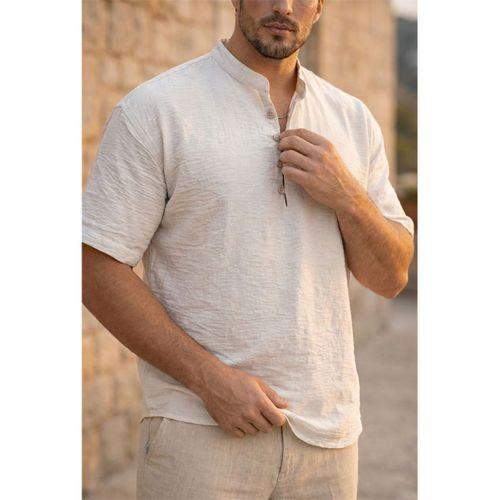 Wes Oversize Yarım Pat Bambu Kısa kol Gömlek - Bej