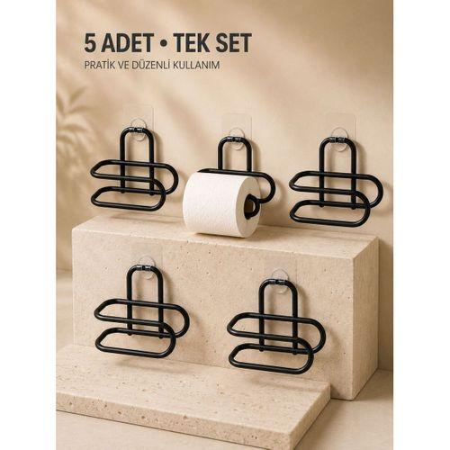Delmeden Monte Tuvalet Kağıdı Askısı Siyah Metal Yapışkanlı Banyo Kağıtlığı 5’li Set