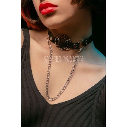 Deri Choker, Deri Tasma, Zincirli Deri Kolye, Halkalı Deri Kolye - APFT588