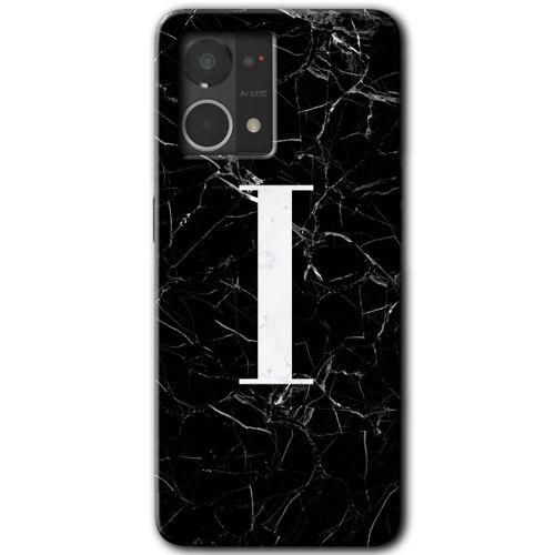 Oppo Reno 7 4G Kılıf HD Desen Baskılı Arka Kapak - Siyah Mermer Desenli I Harfi + Kırılmaz Cam