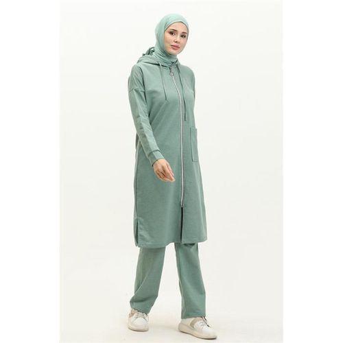 Kapşonlu Fermuarlı Yırtmaçlı Uzun Sweat Pantolon Spor İkili Takım - 03055.100 - Çağla Yeşili