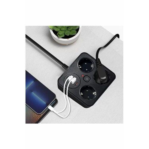 Akım Korumalı Anahtarlı Priz - 3x Priz - 2x Usb - 2x Type-c - 2 Mt Kablo Hızlı Şarj Özellikli Siyah