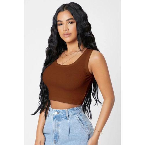 Kadın Kahverengi Modern Fit Kare Yaka Crop Top Bluz