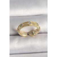 Pirinç Gold Renk Zirkon Taşlı Yonca İşlemeli Ayarlanabilir Yüzük