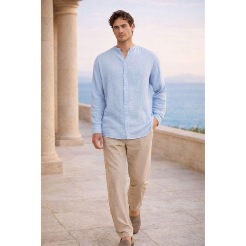 Hafif ve Nefes Alabilir Erkek Müslin Yarım Pat Hakim Yaka Oversize Gömlek - Buz Mavi