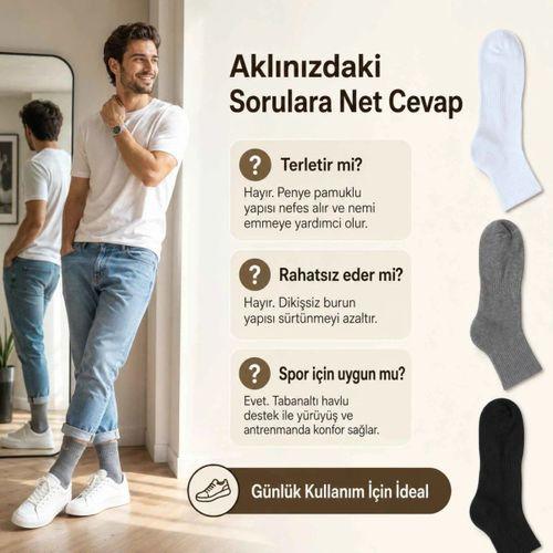 Erkek Spor Çorap 6'lı | Penye Pamuklu Havlu Tabanlı Uzun Konç, Dikişsiz Burun, Siyah Gri Beyaz