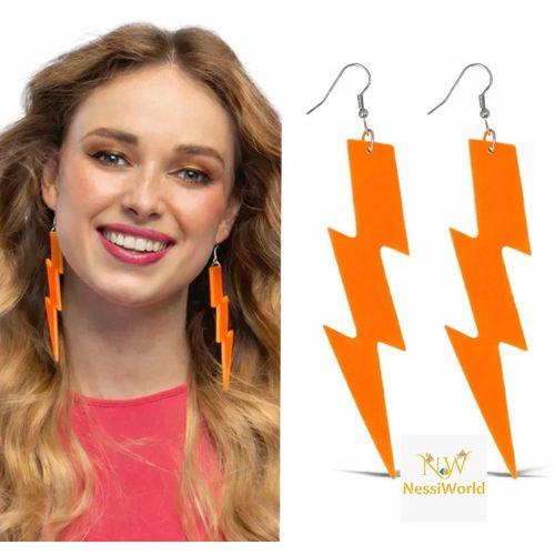 80’ler 90&amp;#39;lar Retro Neon Turuncu Şimşek Küpe 10 cm