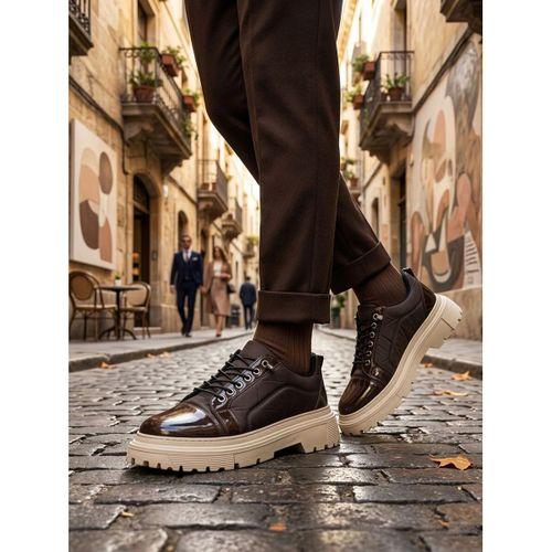 BA0245 Kahverengi Rugan Paraşüt Detaylı Akıllı Lastik Bağcık Yüksek Bej Taban Günlük Erkek Ayakkabı