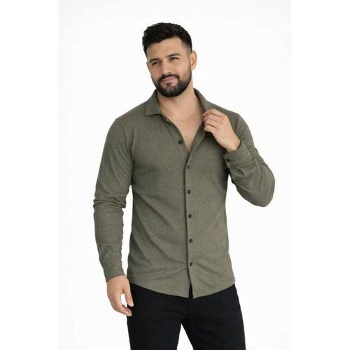 Erkek Waffle Kumaş Uzun Kollu Düğmeli Açık Yaka Regular Fit Gömlek - Haki