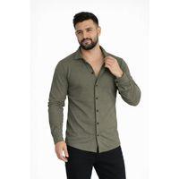 Erkek Waffle Kumaş Uzun Kollu Düğmeli Açık Yaka Regular Fit Gömlek - Haki