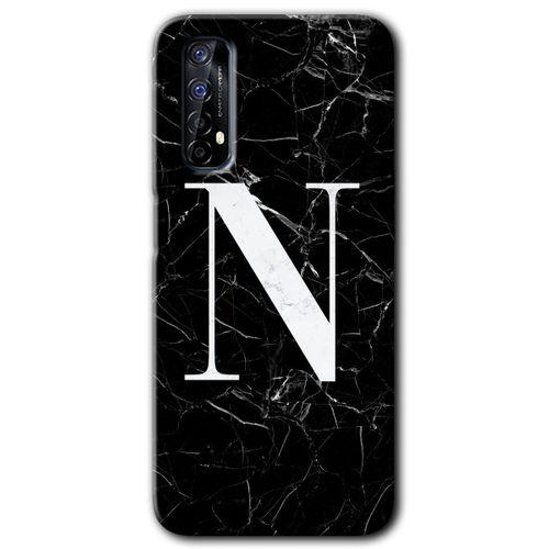 Realme 7 Kılıf HD Desen Baskılı Arka Kapak + Temperli Cam - Siyah Mermer Desenli N Harfi