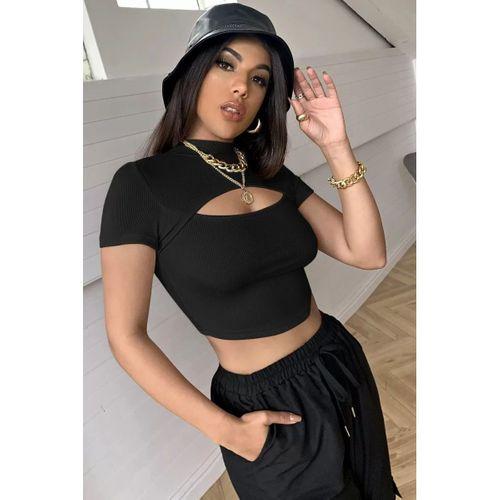 Kadın Siyah Göğüs Dekolteli Yarım Kollu Cut Out Crop Top Bluz