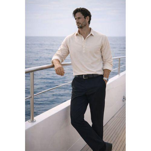 Yarım Pat Yakalı York Pamuk Kumaşlı Uzun Kollu Erkek Gömlek - Bej