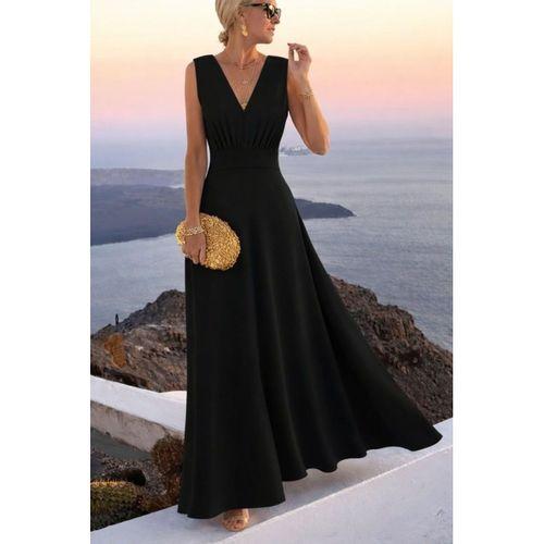 Kadın Askılı V Yakalı Bel Korsaj Detaylı Uzun Ithal Krep Elbise