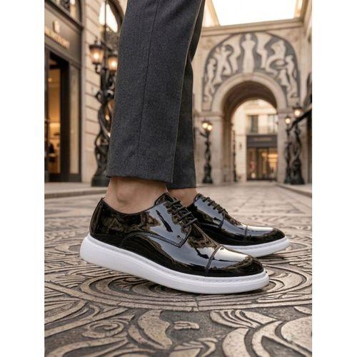 BA0003 Siyah Kapaklı Burun Bağcıklı Rugan Beyaz Taban Erkek Oxford Ayakkabı