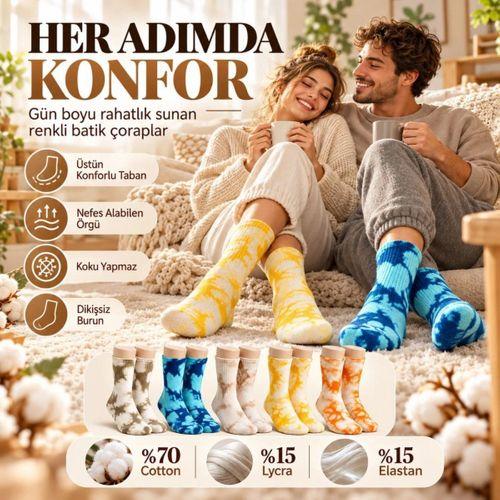 Unisex Batik Spor Çorap 10'lu Set Tie Dye Tenis Çorabı Koyu Retro Renkler Günlük Rahat Konforlu Stil