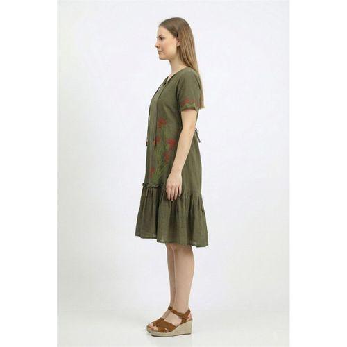 Kısa Kol Gülbin Bağcıklı V Yaka Nakışlı Yazlık Vual Kısa Elbise Haki Hk