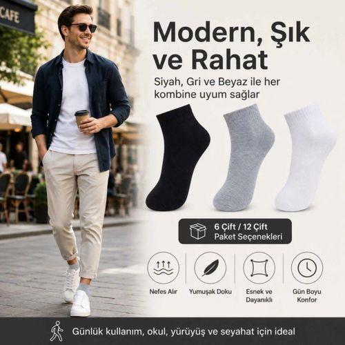 Erkek Kısa Konç Çorap 6'lı | %80 Pamuklu Dikişsiz Burun, Nefes Alan, Siyah Gri Beyaz