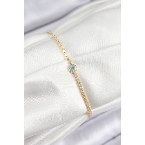 Pirinç Zirkon Taşlı Nazar Model Ezme Zincir Gold Renk Kadın Bileklik