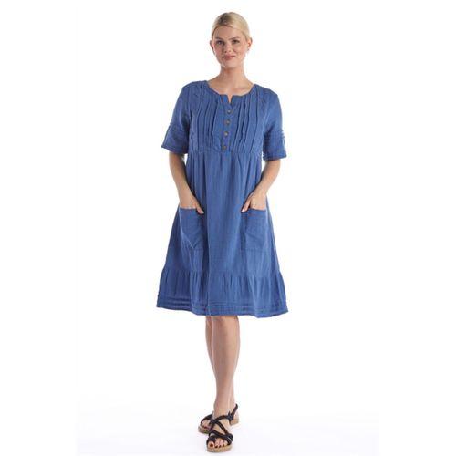 Kısa Kol İndigo Kare Yaka Cep Detaylı Midi Boy Müslin Yazlık Elbise