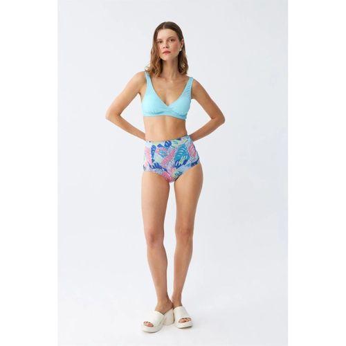 Kadın Pedli Üst Tropik Desenli Yüksek Bel Bikini Takımı - Buz Mavisi