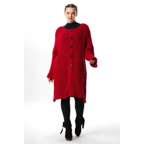 Uzun Kol Şehrazat Düğme Detaylı Sonbahar ve Kışlık Uzun Triko Hırka Kırmızı Krmz
