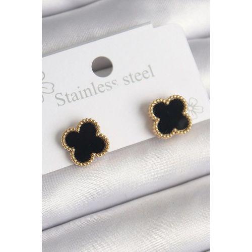 316L Çelik Gold Renk Siyah Yonca Model Kadın Küpe