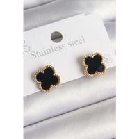 316L Çelik Gold Renk Siyah Yonca Model Kadın Küpe