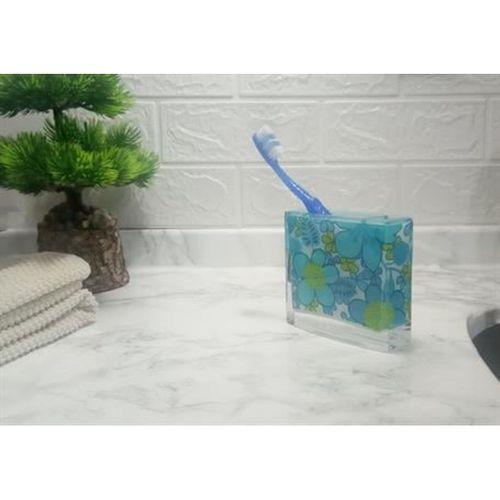2 Adet Diş Fırçalık Mavi Çiçekli Akrilik 10X10X3Cm Banyo Seti