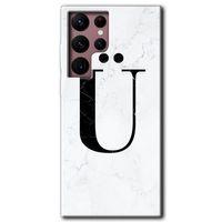 MRCİLETİSİM Samsung Galaxy S22 Ultra Kılıf HD Desen Baskılı Arka Kapak + Temperli Cam - Beyaz Mermer Desenli Ü Harfi
