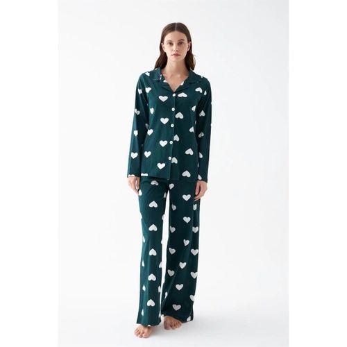Kadın Zümrüt Yeşili Kalp Desenli Düğmeli Pamuklu Pijama Takımı