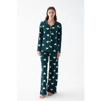 Kadın Zümrüt Yeşili Kalp Desenli Düğmeli Pamuklu Pijama Takımı