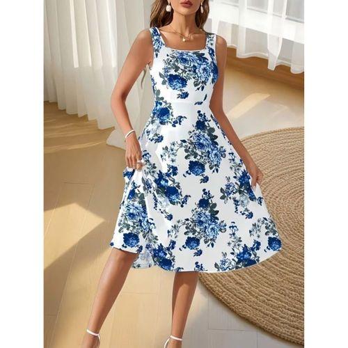Kadın Askılı Kare Yakalı çiçek Desenli Midi Dalgıç Elbise