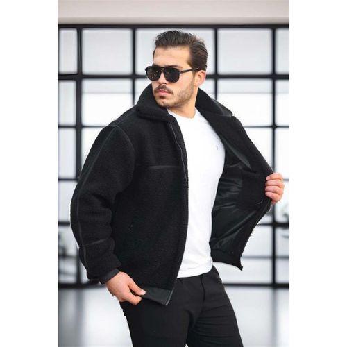 İçi Astarlı Şerit Detaylı Peluş Erkek Mont - Siyah