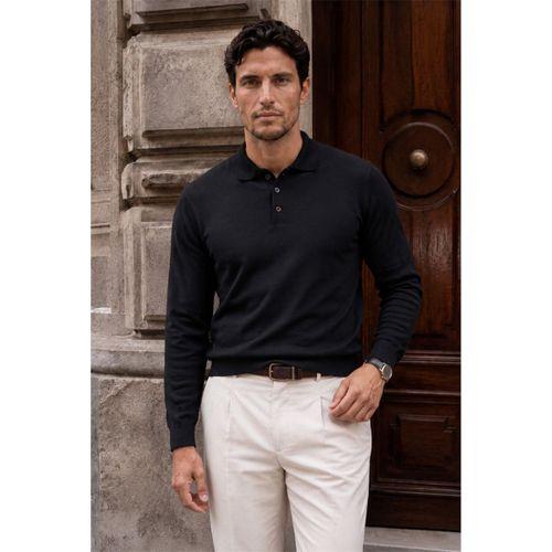 Portofino Premium Düğmeli Polo Yaka İnce Erkek Triko Kazak - Siyah