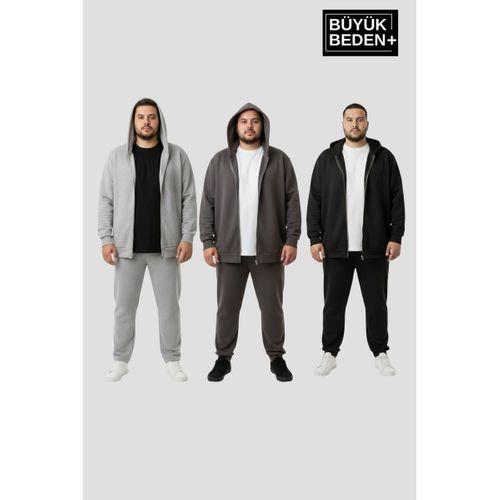 Erkek Büyük Beden Fermuarlı Kapüşonlu 3 lü Set ince Sweatshirt Hırka - Rahat Kalıp SPR26BHR960+3