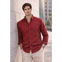 Pera Kumaş Keten Görünümlü Yarım Oversize Uzun kollu Erkek Gömlek - Bordo