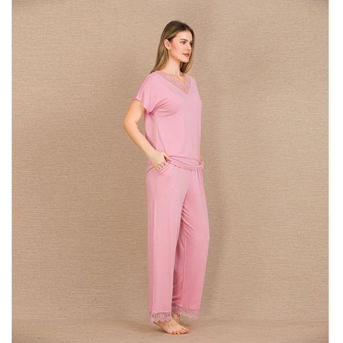Viskon Şık Tasarım Dantel İşlemeli Pembe Kısa Kol Pijama Takımı